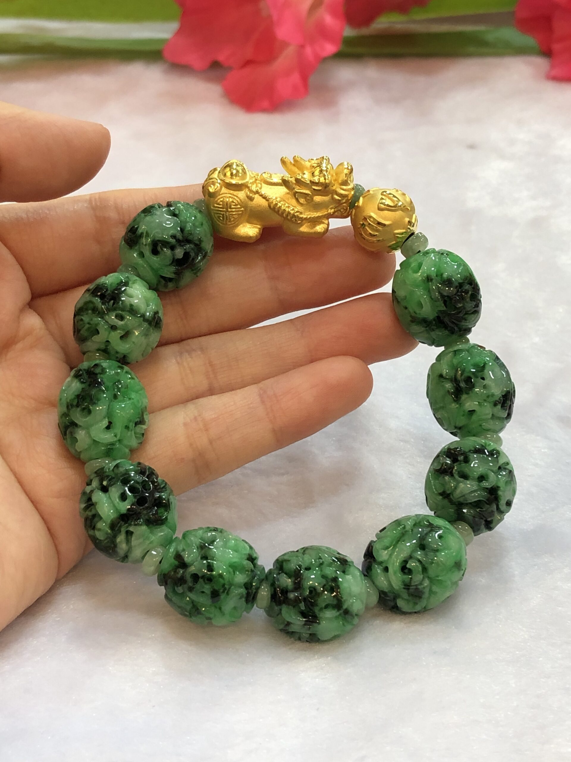 Light Green and White Jadeite Jade Bead Bracelet with 24K Gold Pixiu
